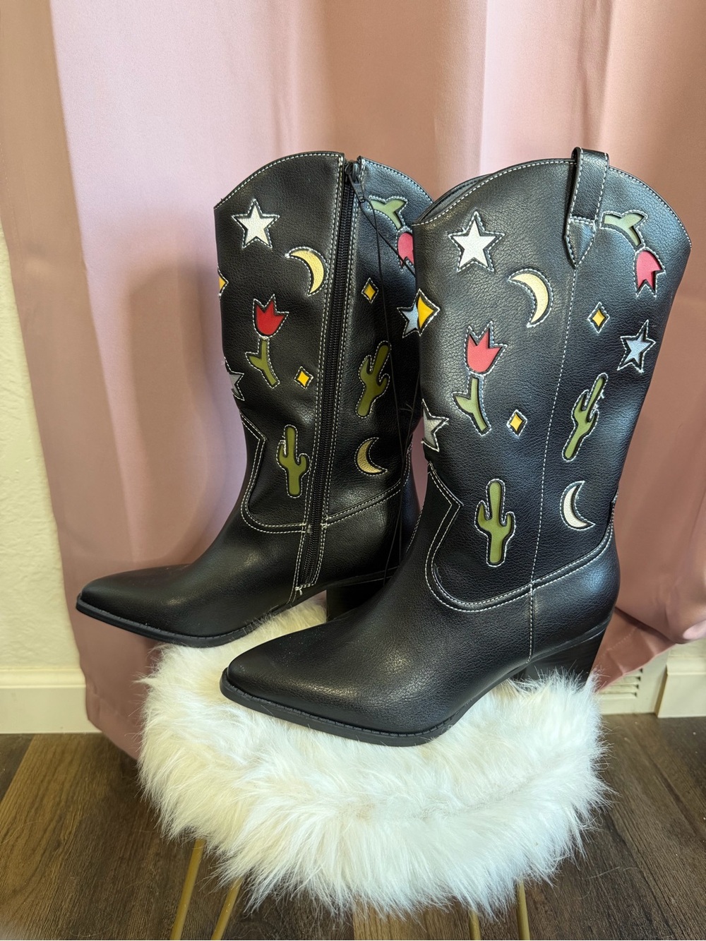 No Boundaries Black Western Heeled Boots with Red, Green, Yellow & White Accents